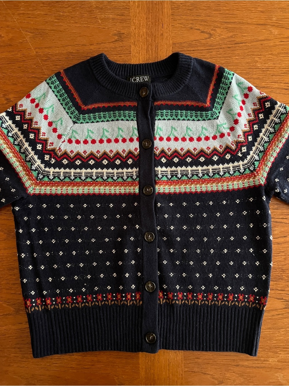 Women’s J. Crew Navy Fair Isle Crewneck Cardigan with Mint and Red Accents